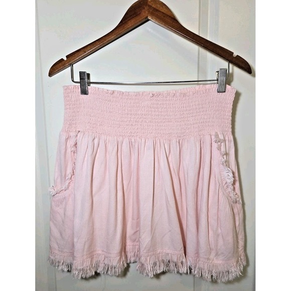 Ramy Brook Dresses & Skirts - Ramy Brook Pink Fringe Smocked Waist Mini Skirt Size Large Pockets Ruffle CUTE